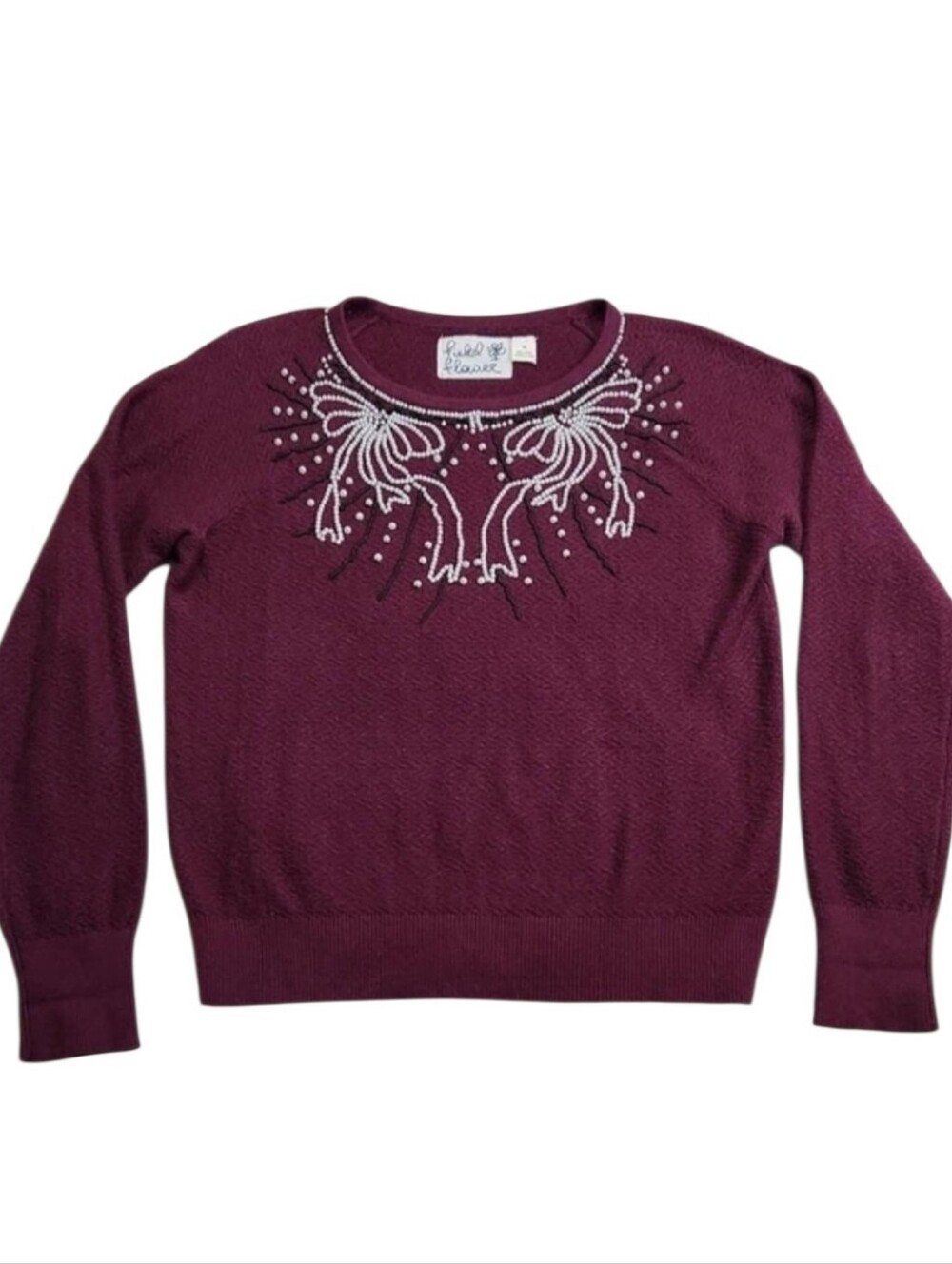Anthropologie Field Flower Pearled Bow Beaded Wool Blend Long-Sleeve Sweater Med